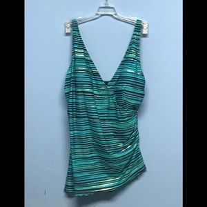 New asymmetrical tankini swimsuit TOP NWT turquoise black gold stripes